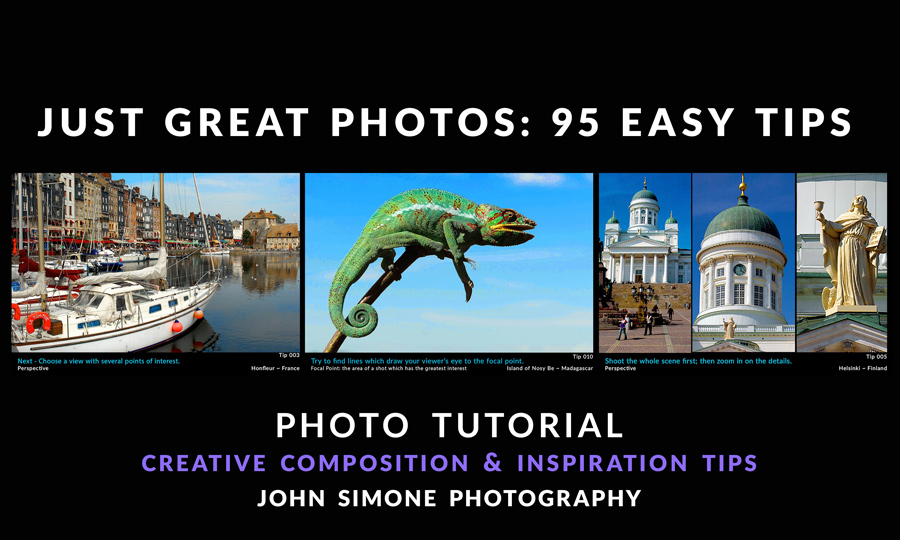 John Simone's Photo Tutorial - Just Great Photos: 95 Easy Tips.
These Creative Composition & Inspiration Tips
will help you become a Better Photographer.
Early Versions were taught to 1000's of Passengers
a-board MV Royal Princess and MV Ocean Princess.
John Simone took all photos illustrating the 95 Easy Tips
during the five years aboard ships, on over 300 all-day
Land Tours with passengers.
The actual business of 'working' on ships entailed shooting over 350,000
Formal/Casual Portraits, 200,000 Formal Table Shots, 300,000 Gangway Shots
& Island Night Deck shots.
John Simone traversed the Panama Canal over twenty times on
Princess MV's Sun, Regal, Island, shooting the Canal from the ship
and shooting the ship and passengers from the Canal locks and a-top
the actual lock gates.